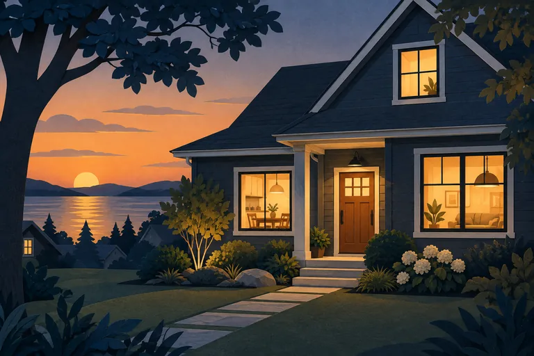 A cut-paper illustration of a house with warmly lit windows.